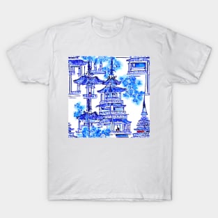 Blue and white pagodas and trees T-Shirt